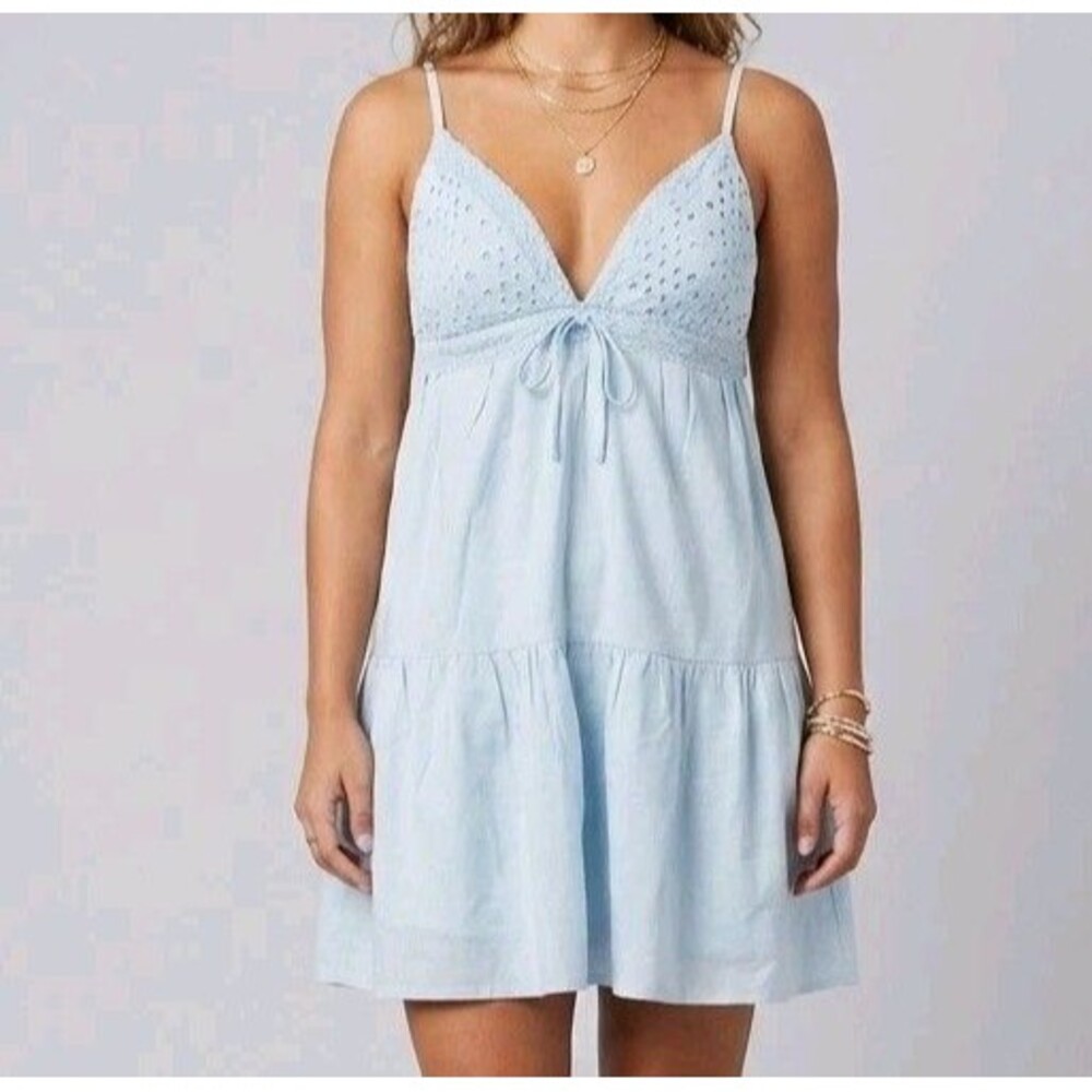 Princess Polly Baby Blue Eyelet Linen Blend Mini Dress - Women's Size US 2 - NWT